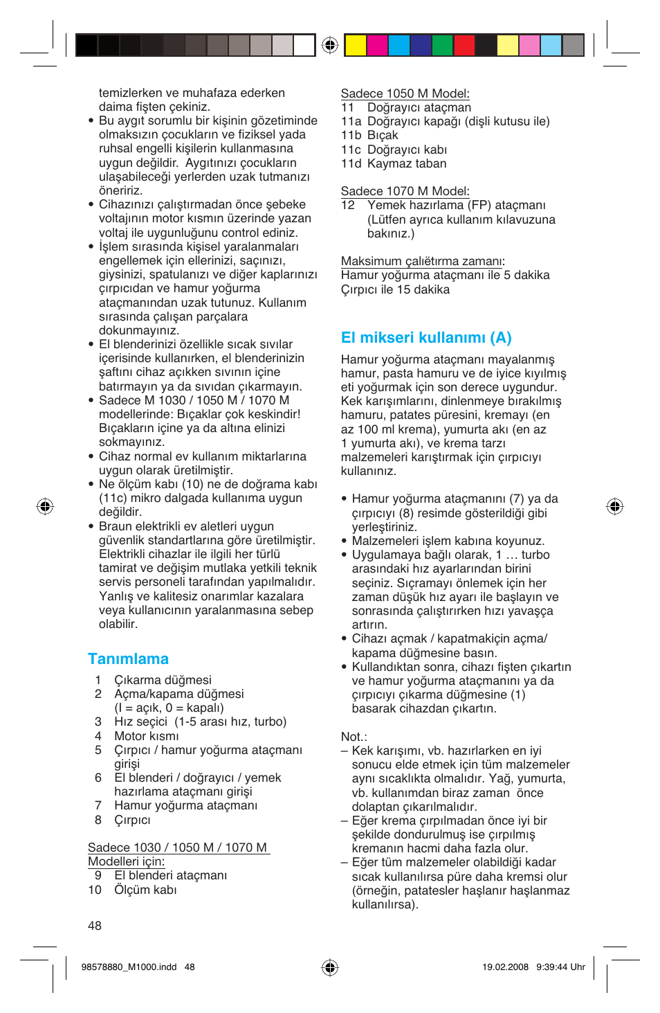 Tanımlama, El mikseri kullanımı (a) | Braun M 1050 M User Manual | Page 48 / 71