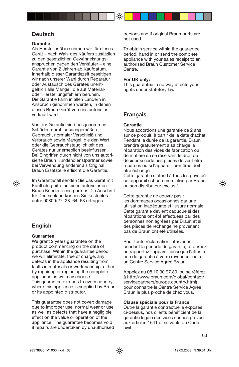 Deutsch, English, Français | Braun M 1050 M User Manual | Page 63 / 71