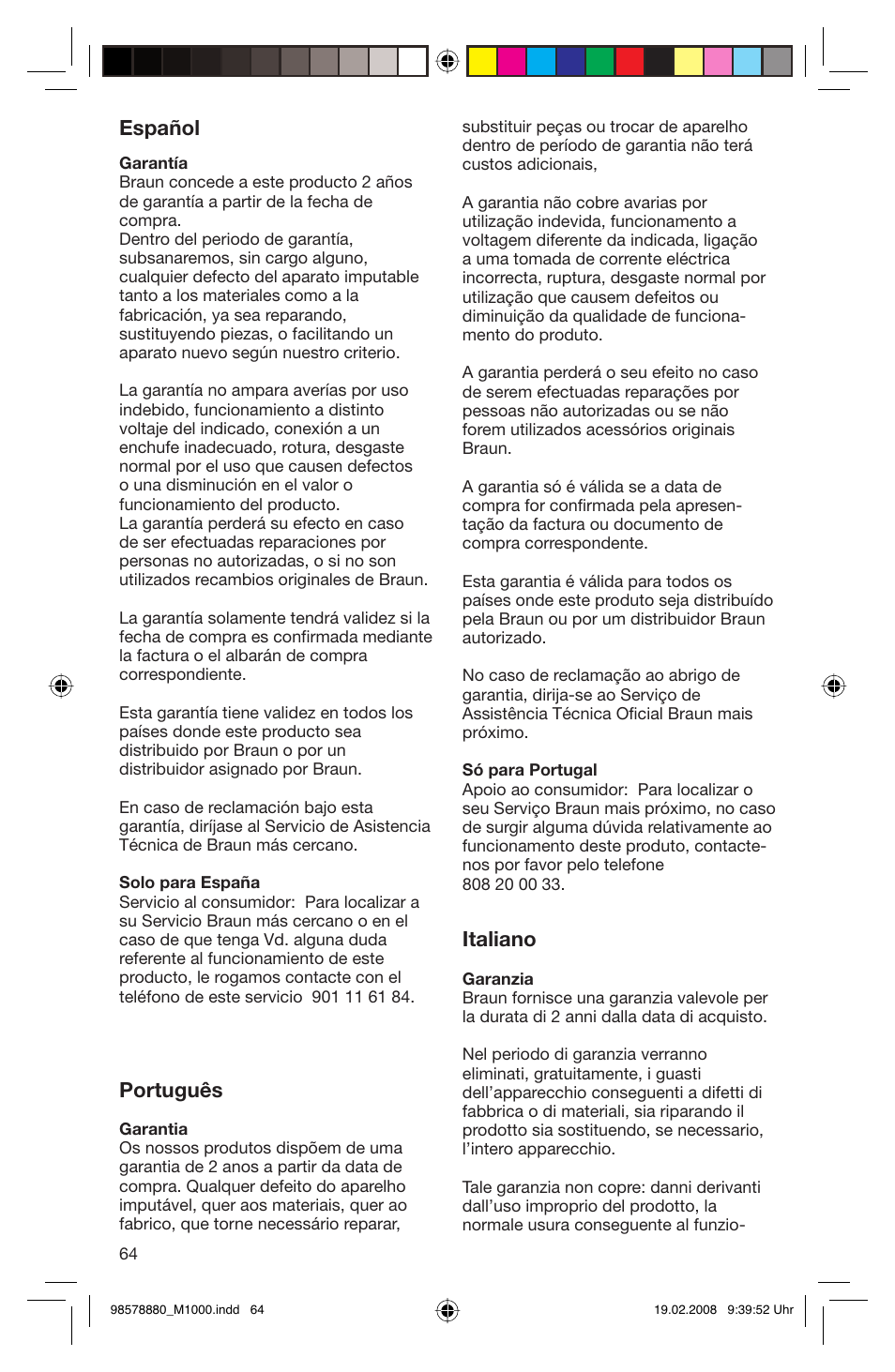 Español, Português, Italiano | Braun M 1050 M User Manual | Page 64 / 71
