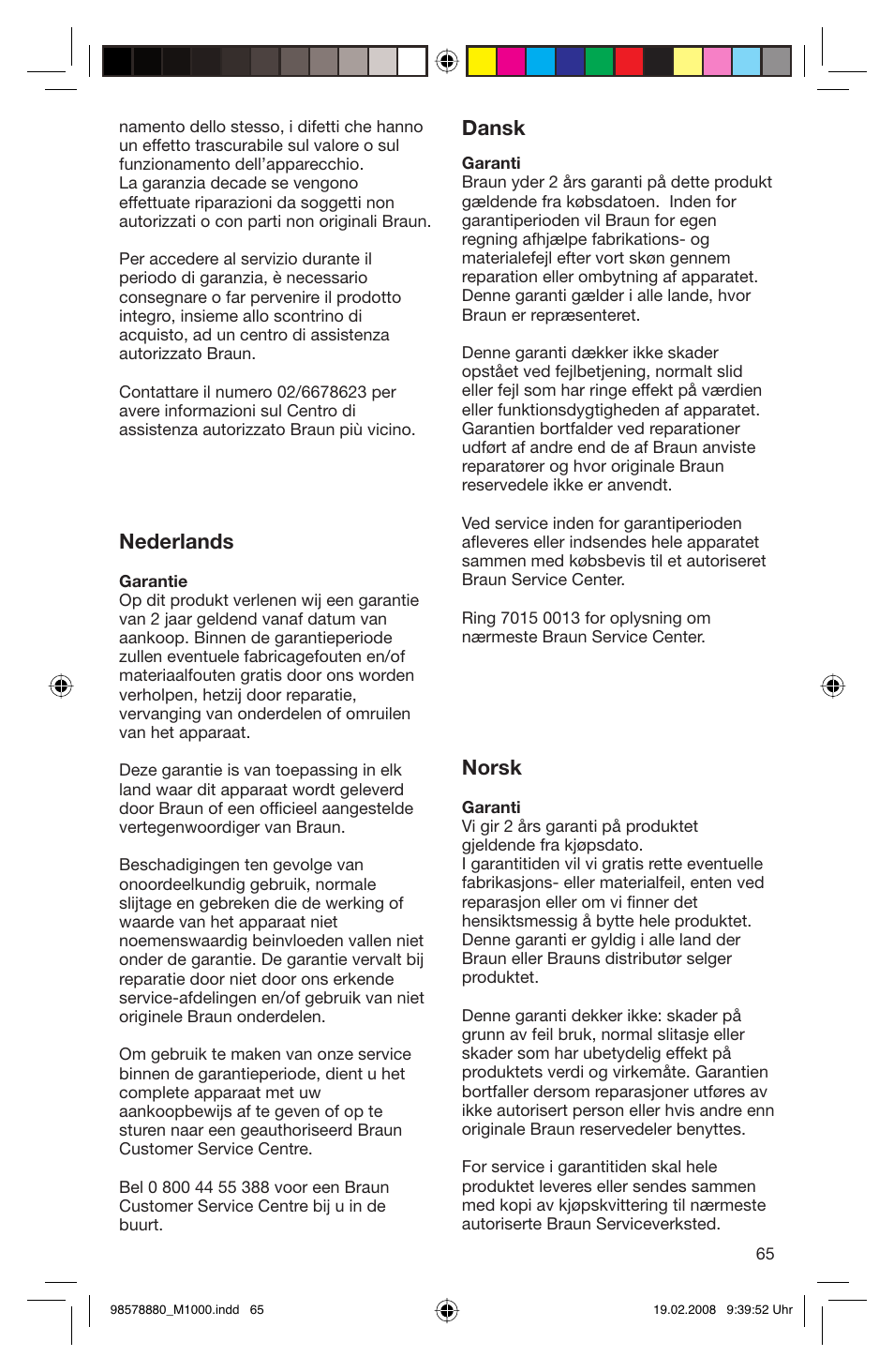 Nederlands, Dansk, Norsk | Braun M 1050 M User Manual | Page 65 / 71