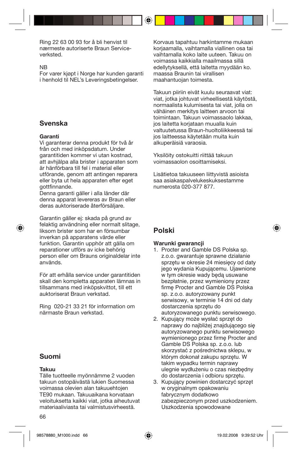 Svenska, Suomi, Polski | Braun M 1050 M User Manual | Page 66 / 71
