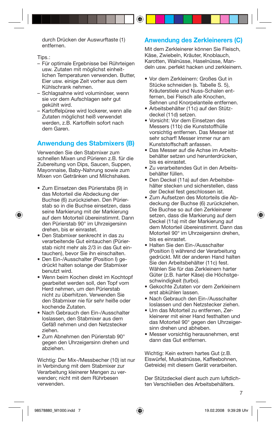 Anwendung des stabmixers (b), Anwendung des zerkleinerers (c) | Braun M 1050 M User Manual | Page 7 / 71