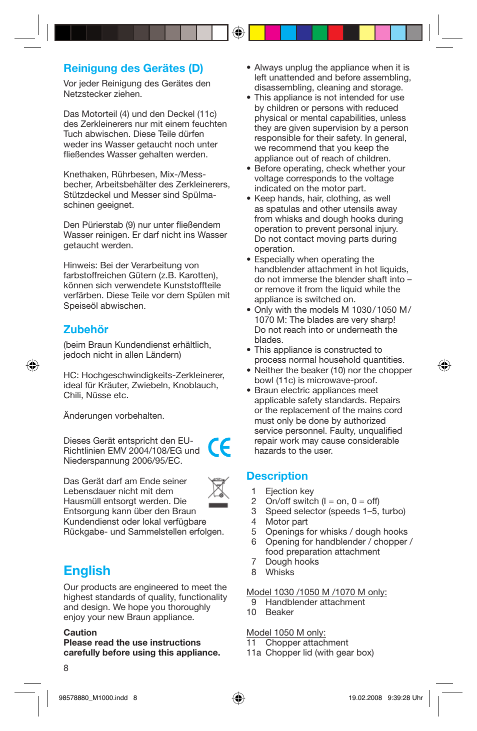 English, Reinigung des gerätes (d), Zubehör | Description | Braun M 1050 M User Manual | Page 8 / 71