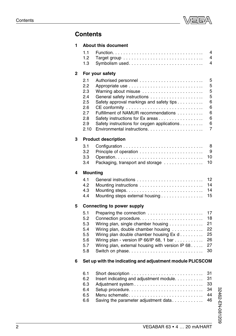 VEGA VEGABAR 63 4 … 20 mA_HART User Manual | Page 2 / 76