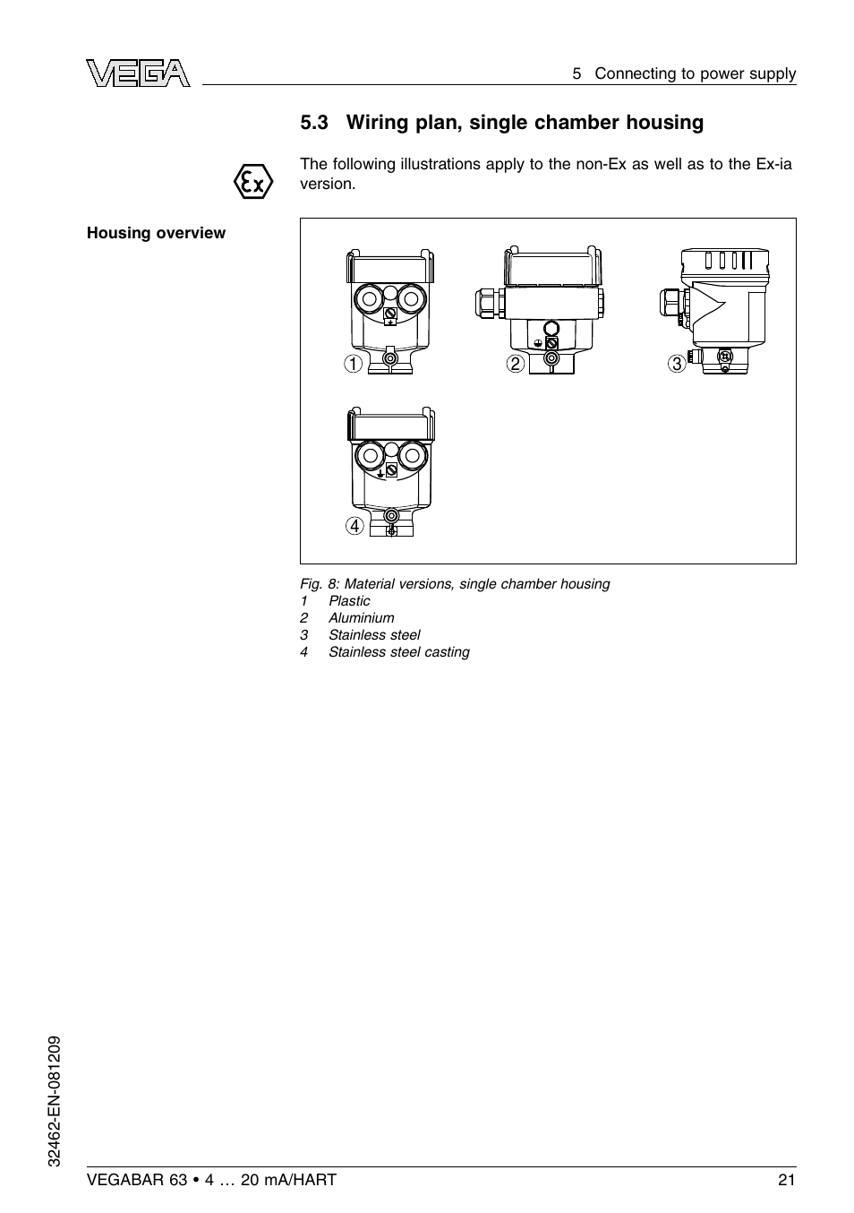 3 wiring plan, single chamber housing | VEGA VEGABAR 63 4 … 20 mA_HART User Manual | Page 21 / 76
