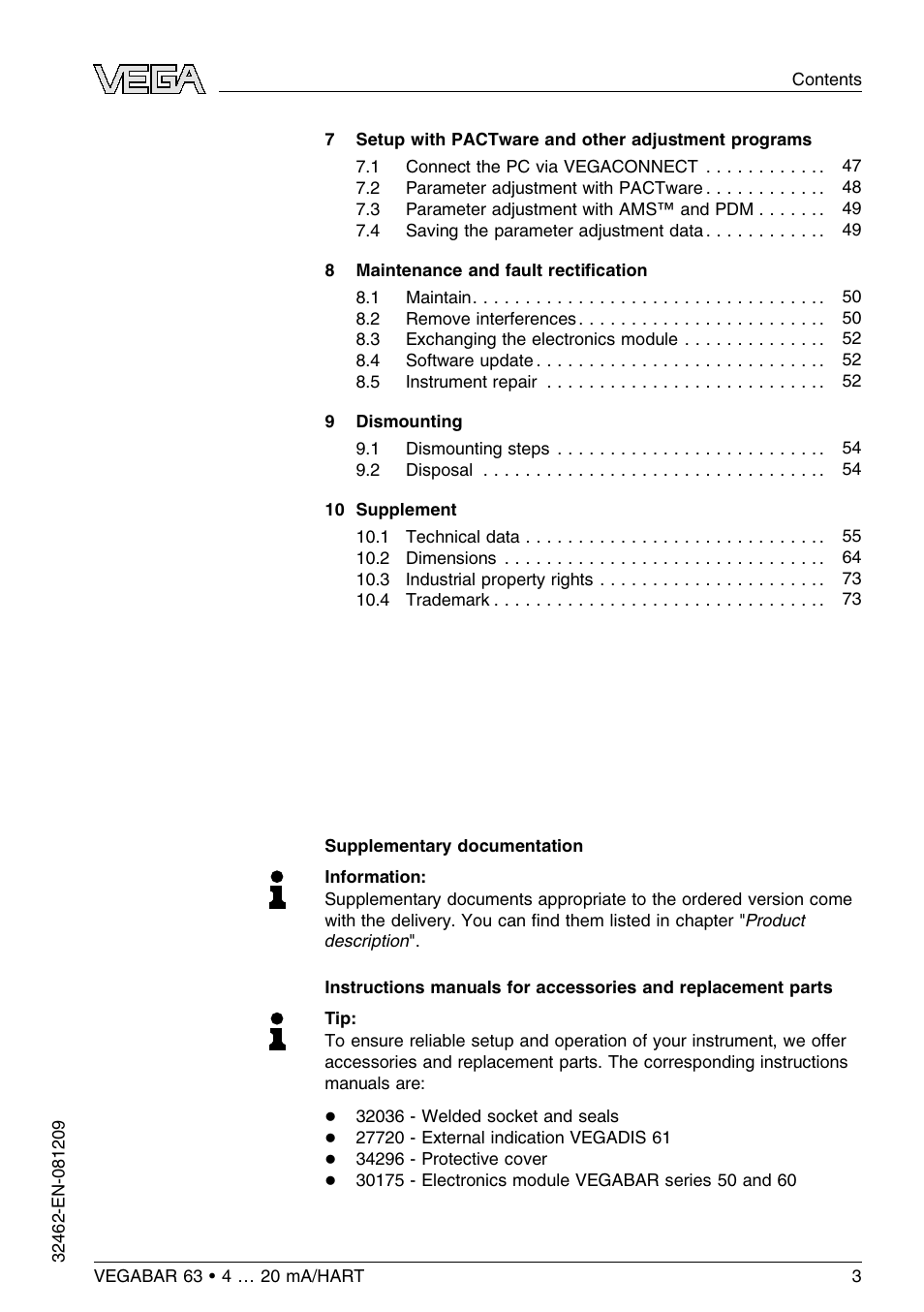 VEGA VEGABAR 63 4 … 20 mA_HART User Manual | Page 3 / 76