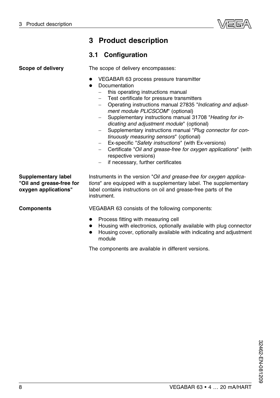 3 product description, 1 configuration, 1 conﬁguration | VEGA VEGABAR 63 4 … 20 mA_HART User Manual | Page 8 / 76