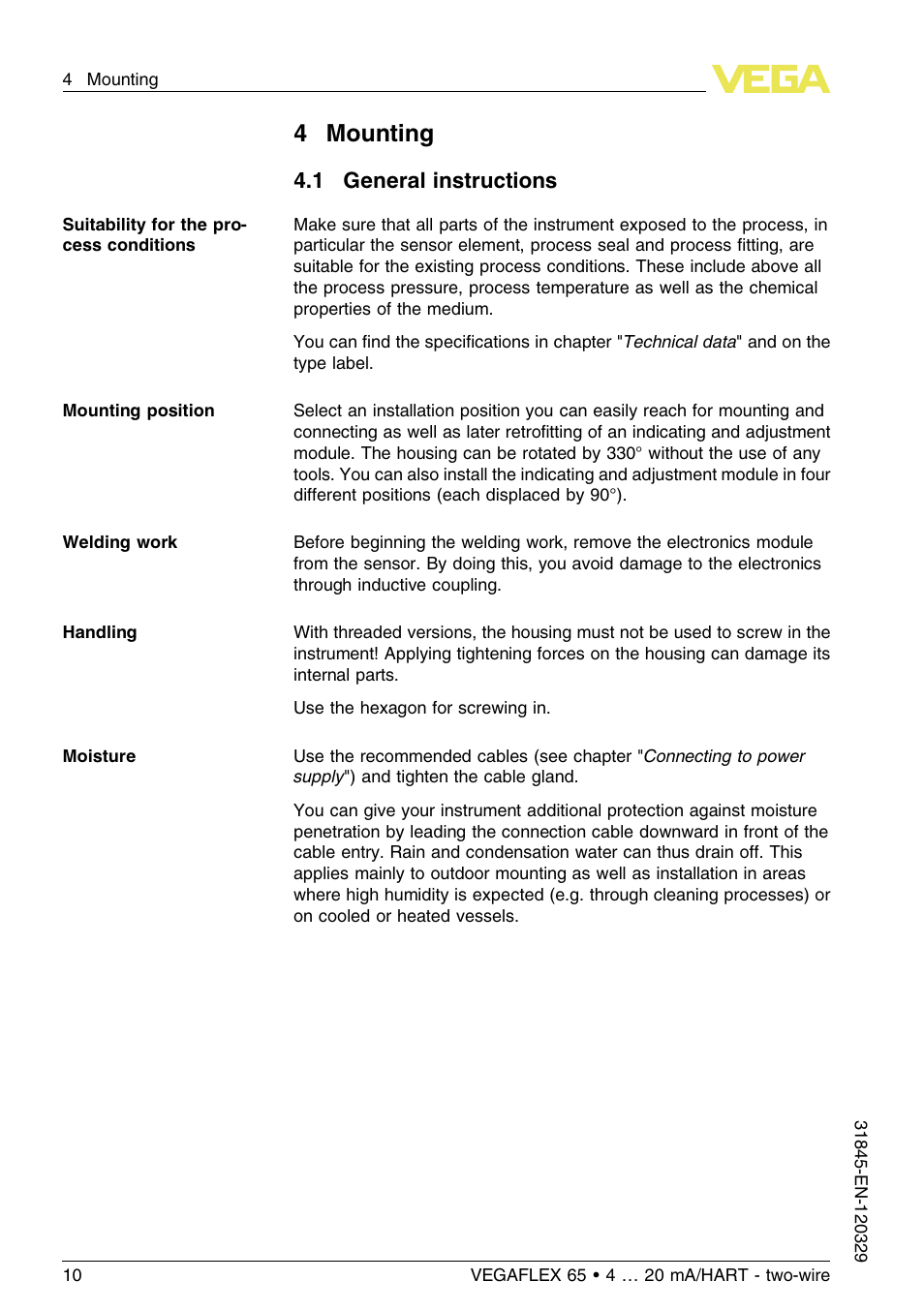 4 mounting, 1 general instructions, 4mounting | VEGA VEGAFLEX 65 4 … 20 mA_HART two-wire User Manual | Page 10 / 56