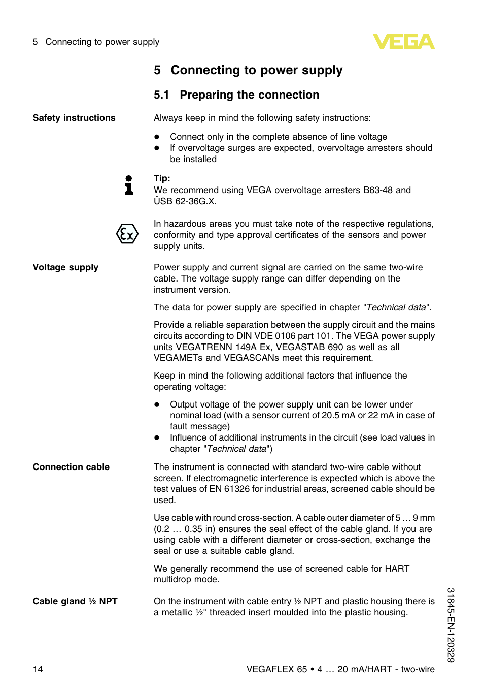 5 connecting to power supply, 1 preparing the connection, 5connecting to power supply | VEGA VEGAFLEX 65 4 … 20 mA_HART two-wire User Manual | Page 14 / 56