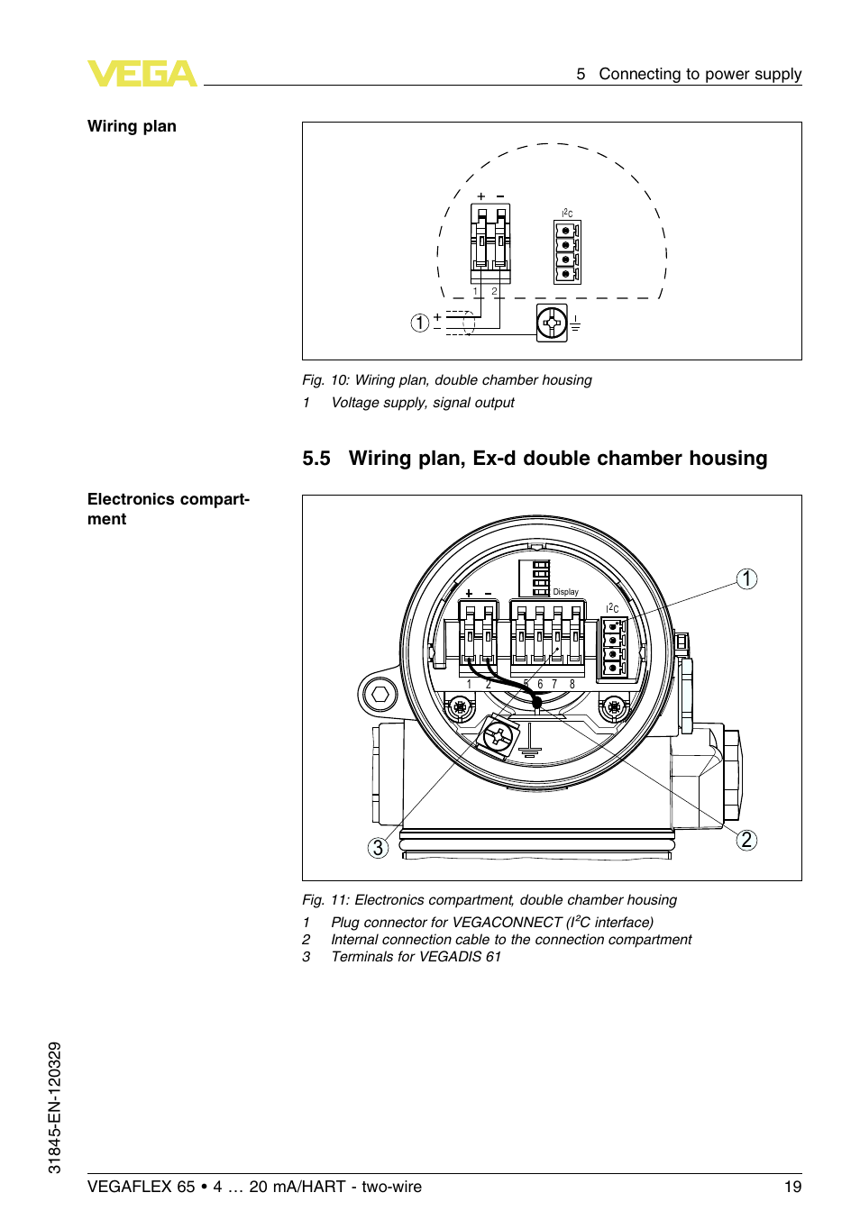 5 wiring plan, ex–d double chamber housing, 5 wiring plan, ex-d double chamber housing | VEGA VEGAFLEX 65 4 … 20 mA_HART two-wire User Manual | Page 19 / 56