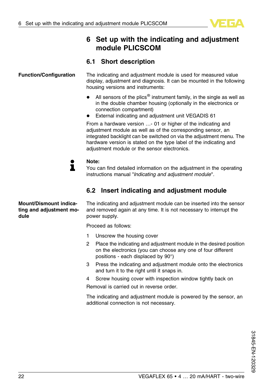 1 short description, 2 insert indicating and adjustment module | VEGA VEGAFLEX 65 4 … 20 mA_HART two-wire User Manual | Page 22 / 56