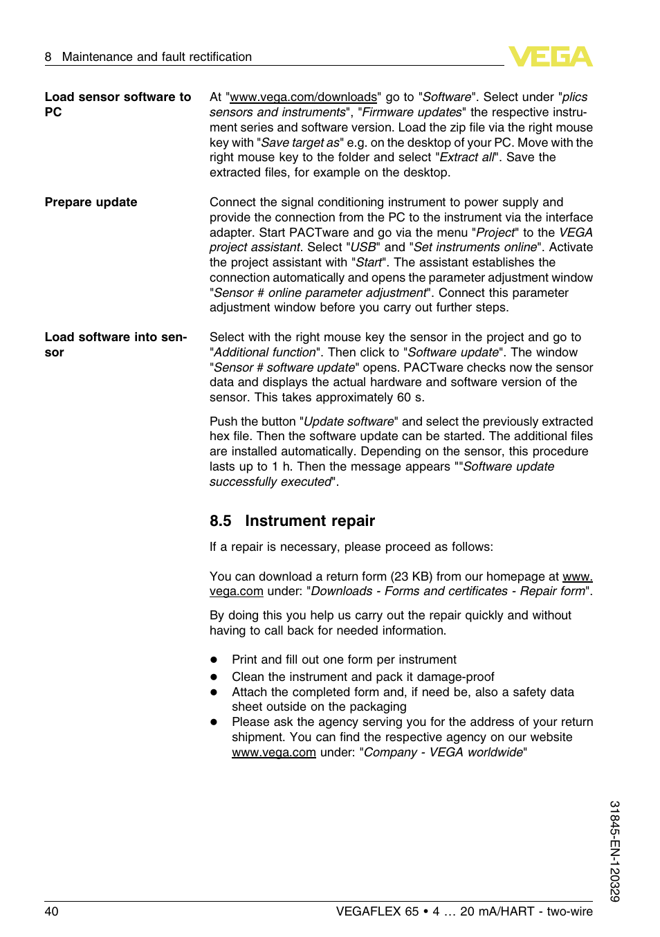 5 instrument repair | VEGA VEGAFLEX 65 4 … 20 mA_HART two-wire User Manual | Page 40 / 56