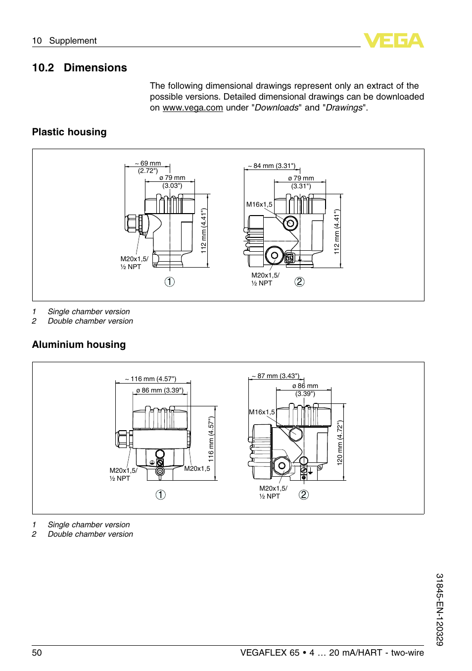 2 dimensions, 10 .2 dimensions, Plastic housing | Aluminium housing 2 1 | VEGA VEGAFLEX 65 4 … 20 mA_HART two-wire User Manual | Page 50 / 56