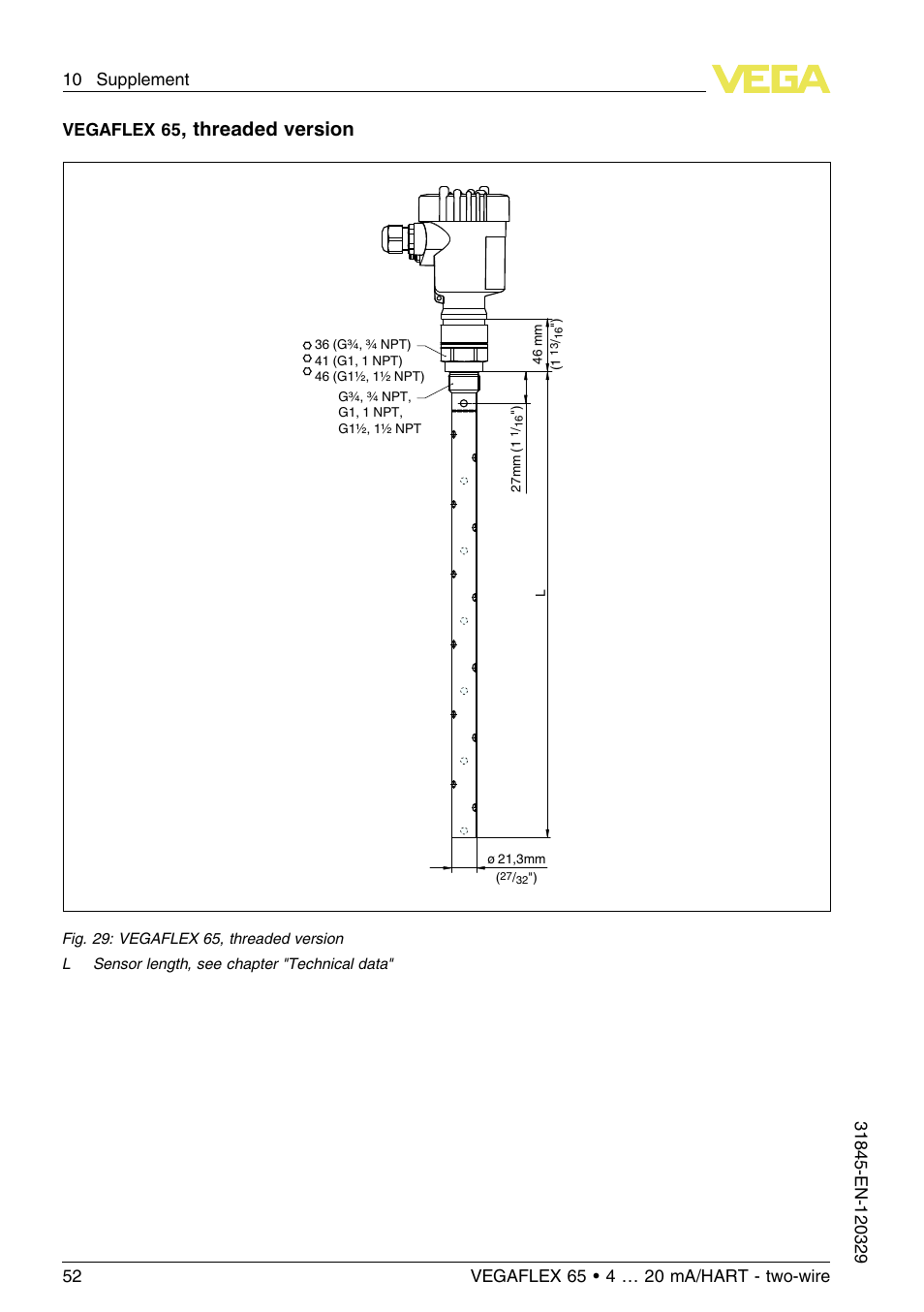 Threaded version, Vegaflex 65 | VEGA VEGAFLEX 65 4 … 20 mA_HART two-wire User Manual | Page 52 / 56