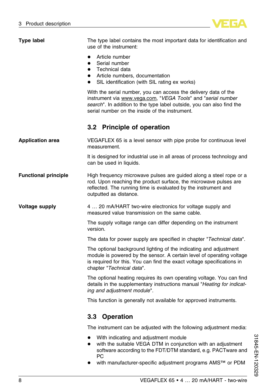 2 principle of operation, 3 operation | VEGA VEGAFLEX 65 4 … 20 mA_HART two-wire User Manual | Page 8 / 56