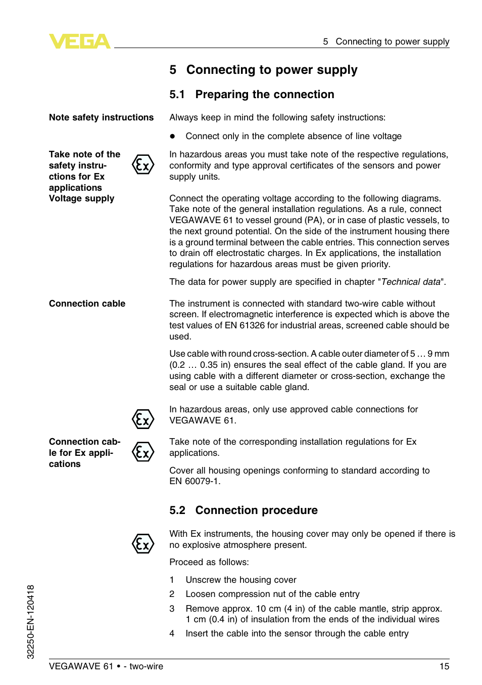 5 connecting to power supply, 1 preparing the connection, 2 connection procedure | 5connecting to power supply | VEGA VEGAWAVE 61 - two-wire User Manual | Page 15 / 40