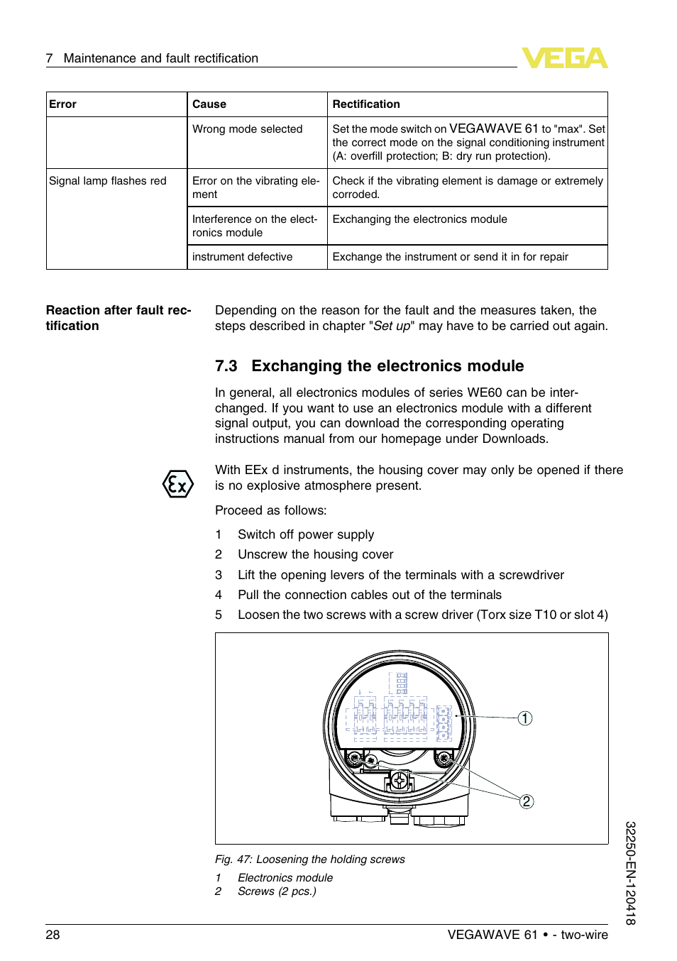 3 exchanging the electronics module | VEGA VEGAWAVE 61 - two-wire User Manual | Page 28 / 40