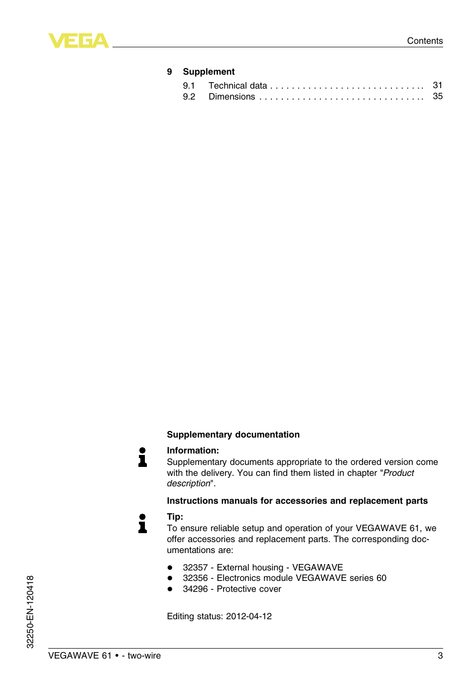 VEGA VEGAWAVE 61 - two-wire User Manual | Page 3 / 40