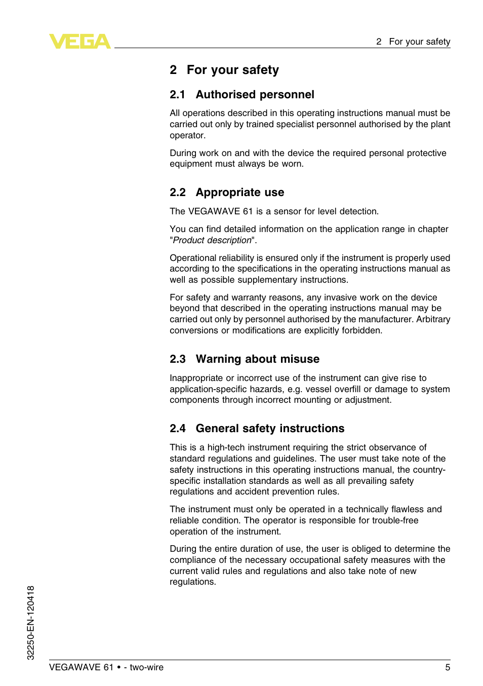 2 for your safety, 1 authorised personnel, 2 appropriate use | 3 warning about misuse, 4 general safety instructions, 2for your safety | VEGA VEGAWAVE 61 - two-wire User Manual | Page 5 / 40