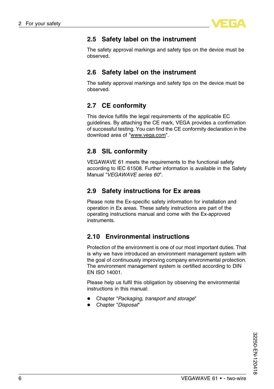 5 safety label on the instrument, 6 safety label on the instrument, 7 ce conformity | 8 sil conformity, 9 safety instructions for ex areas, 10 environmental instructions | VEGA VEGAWAVE 61 - two-wire User Manual | Page 6 / 40