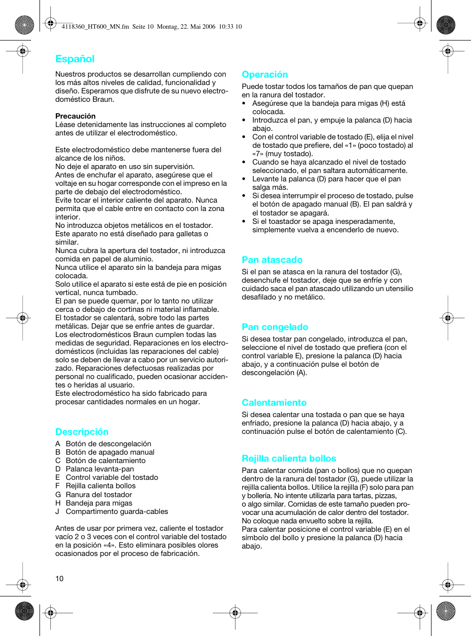 Español | Braun HT 600 METAL LINE User Manual | Page 10 / 46