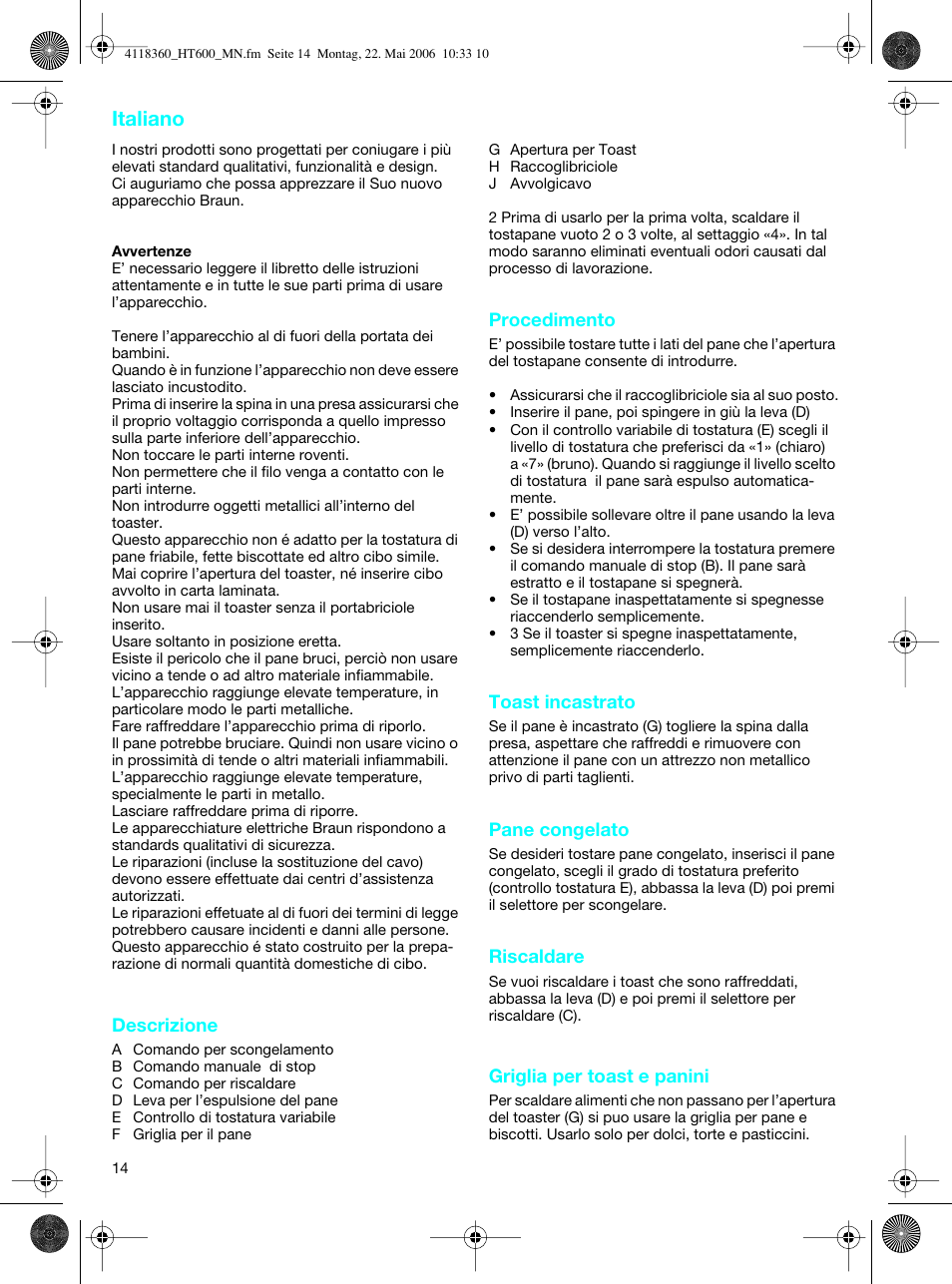 Italiano | Braun HT 600 METAL LINE User Manual | Page 14 / 46