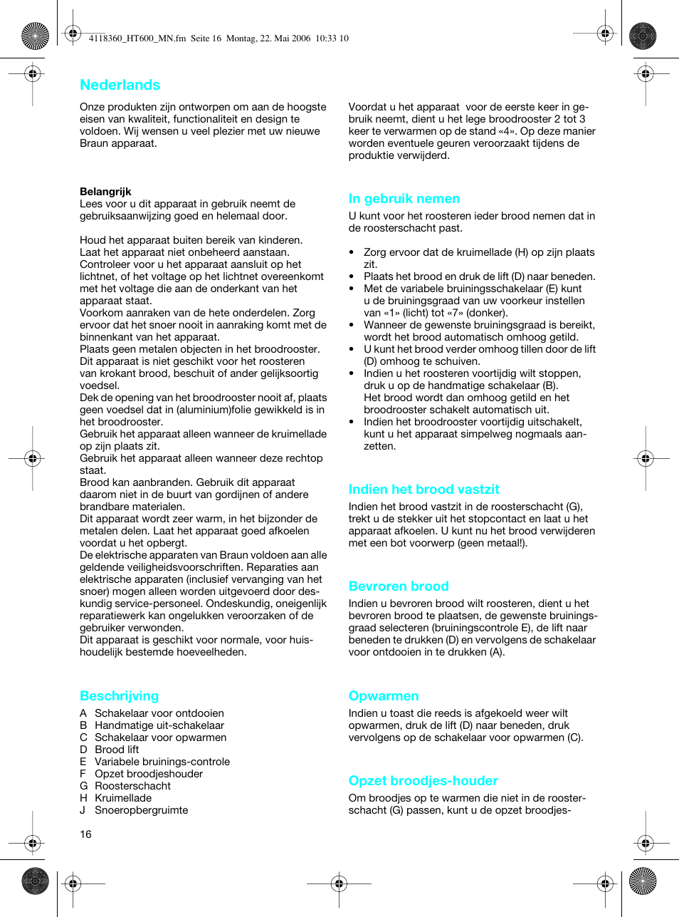 Nederlands | Braun HT 600 METAL LINE User Manual | Page 16 / 46