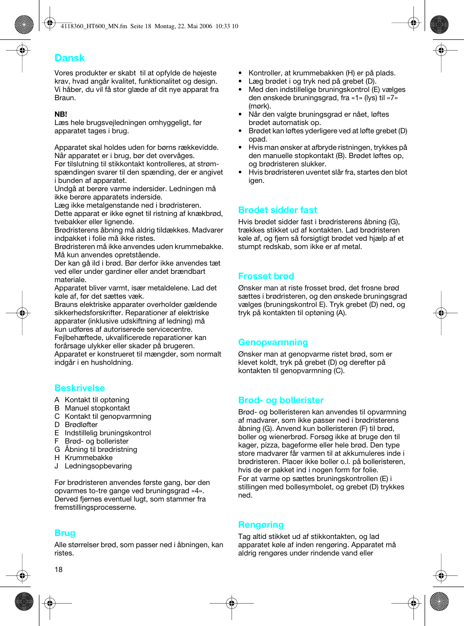 Dansk | Braun HT 600 METAL LINE User Manual | Page 18 / 46