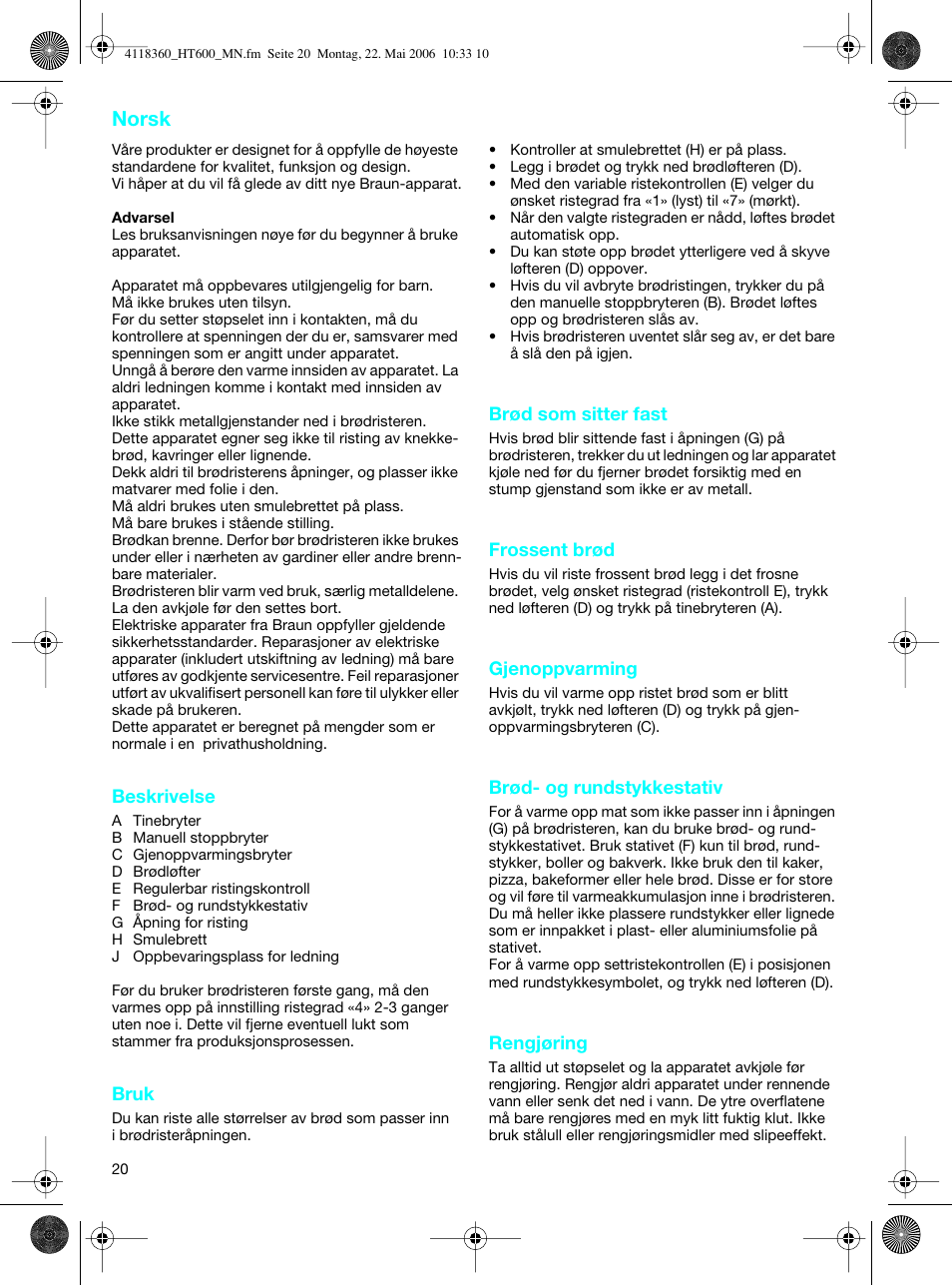 Norsk | Braun HT 600 METAL LINE User Manual | Page 20 / 46