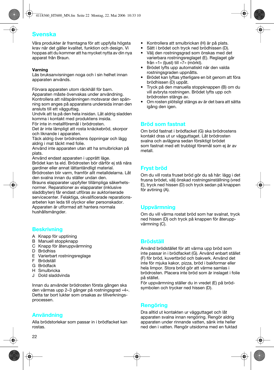 Svenska | Braun HT 600 METAL LINE User Manual | Page 22 / 46