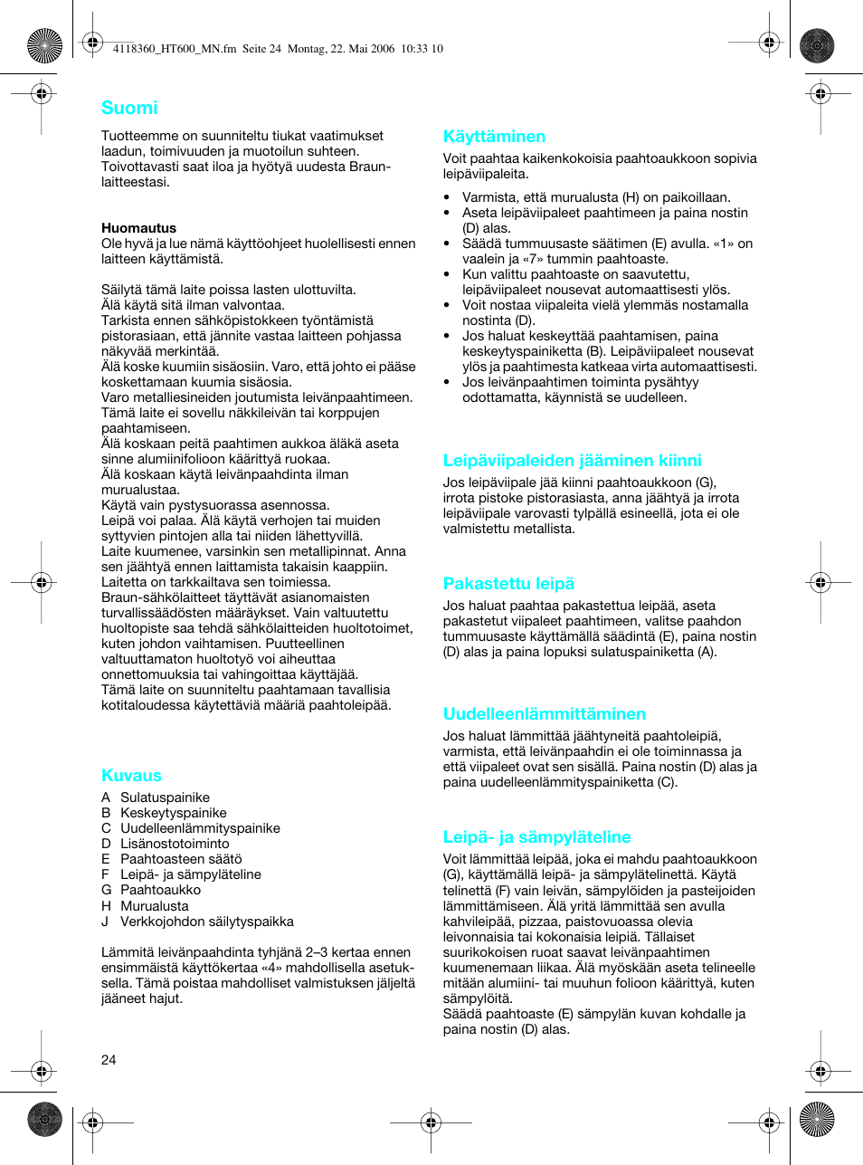 Suomi | Braun HT 600 METAL LINE User Manual | Page 24 / 46