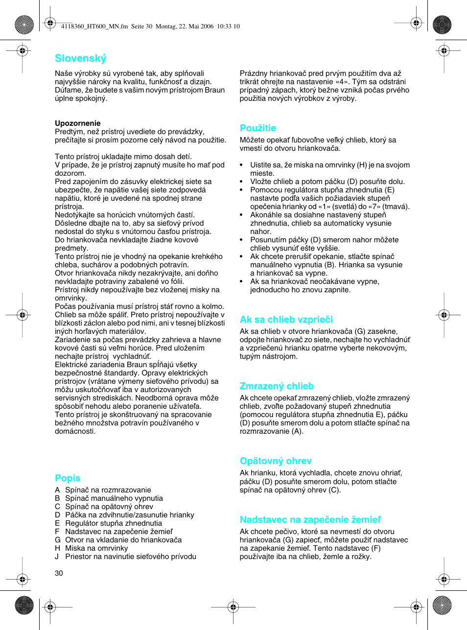 Slovensk | Braun HT 600 METAL LINE User Manual | Page 30 / 46