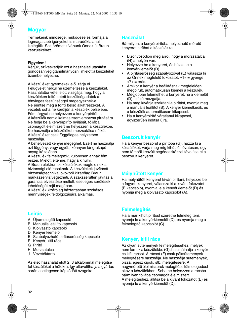 Magyar | Braun HT 600 METAL LINE User Manual | Page 32 / 46