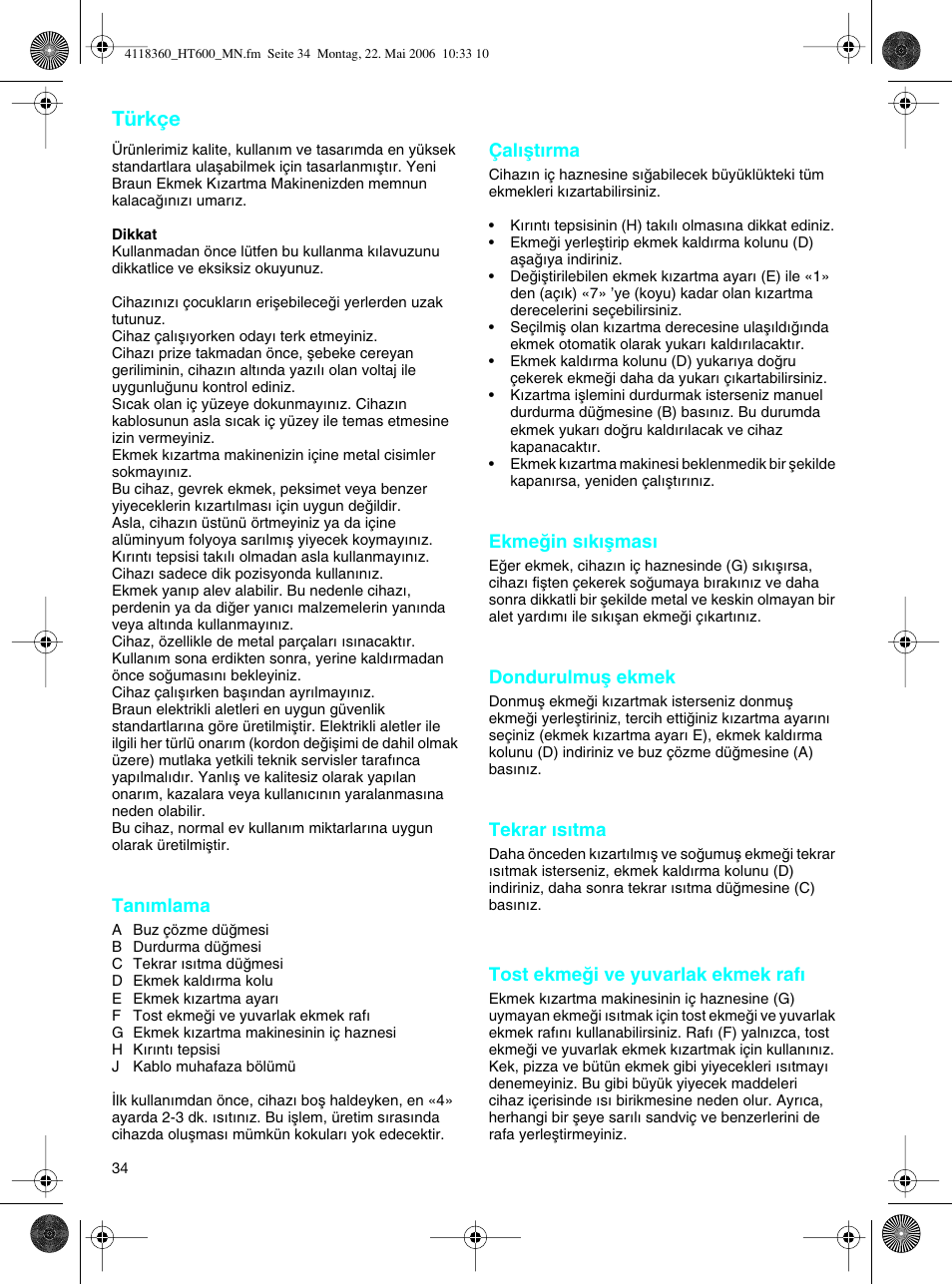 Türkçe | Braun HT 600 METAL LINE User Manual | Page 34 / 46