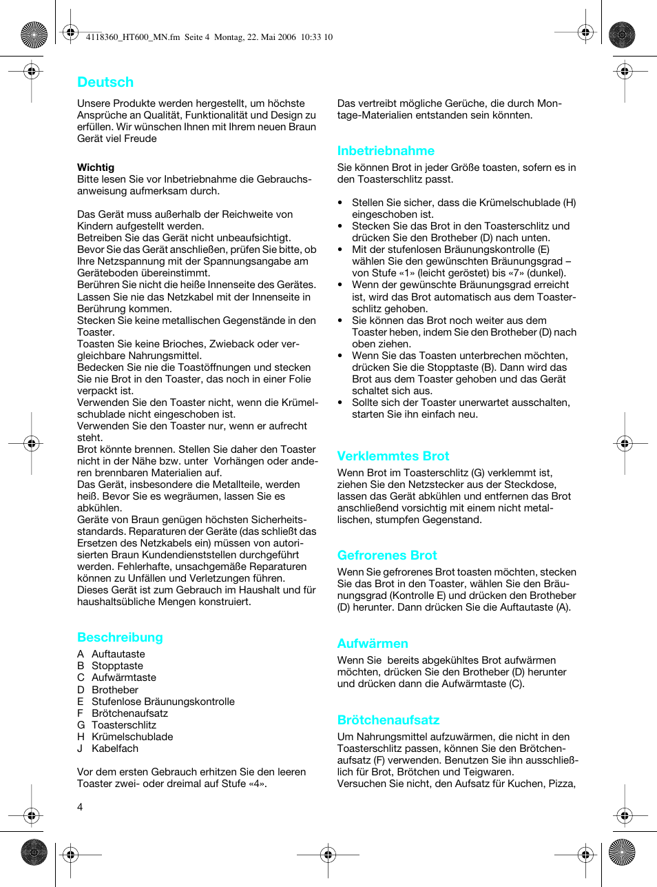 Deutsch | Braun HT 600 METAL LINE User Manual | Page 4 / 46