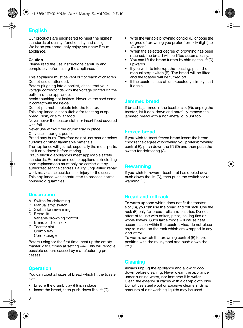 English | Braun HT 600 METAL LINE User Manual | Page 6 / 46