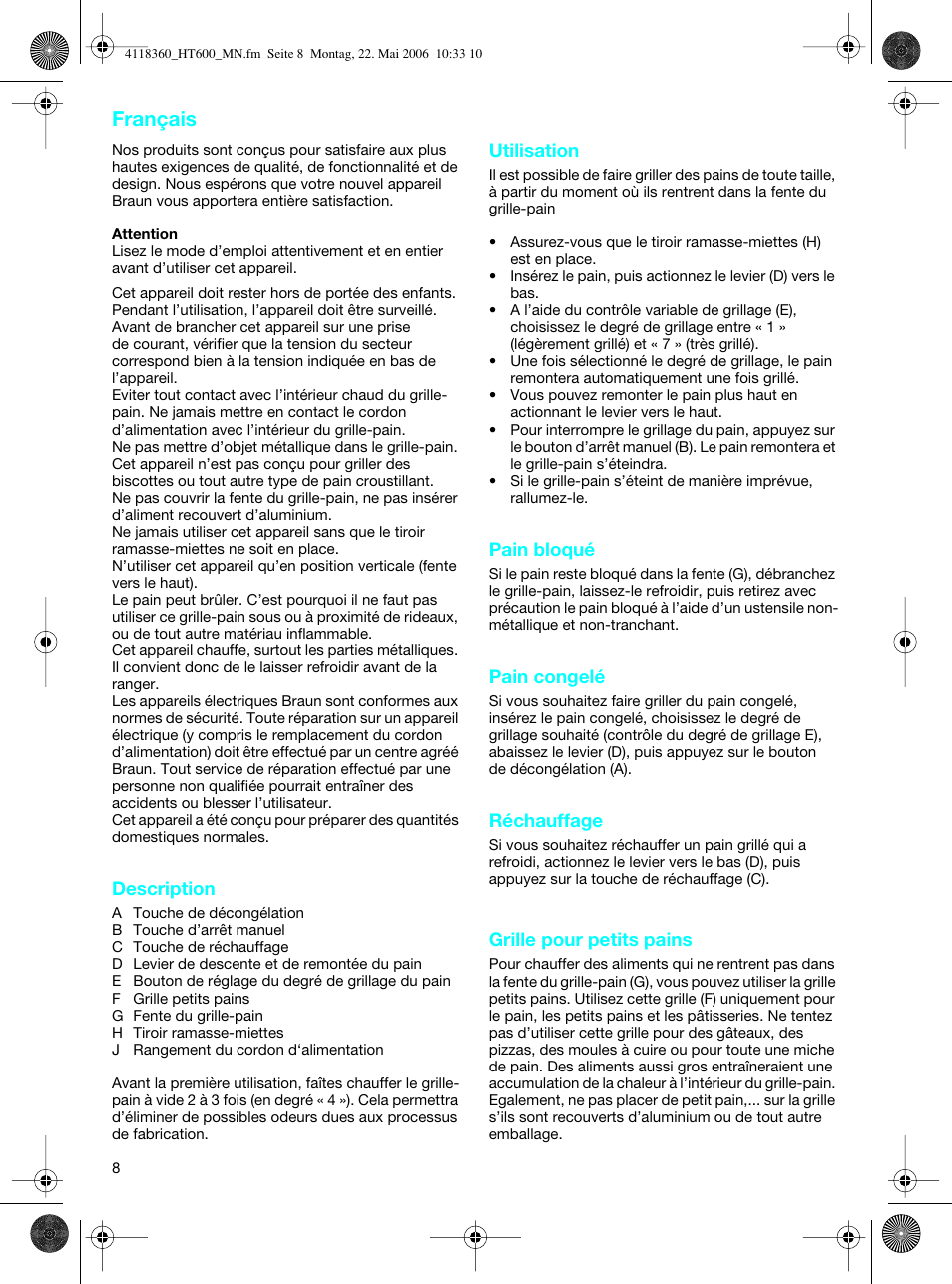 Français | Braun HT 600 METAL LINE User Manual | Page 8 / 46