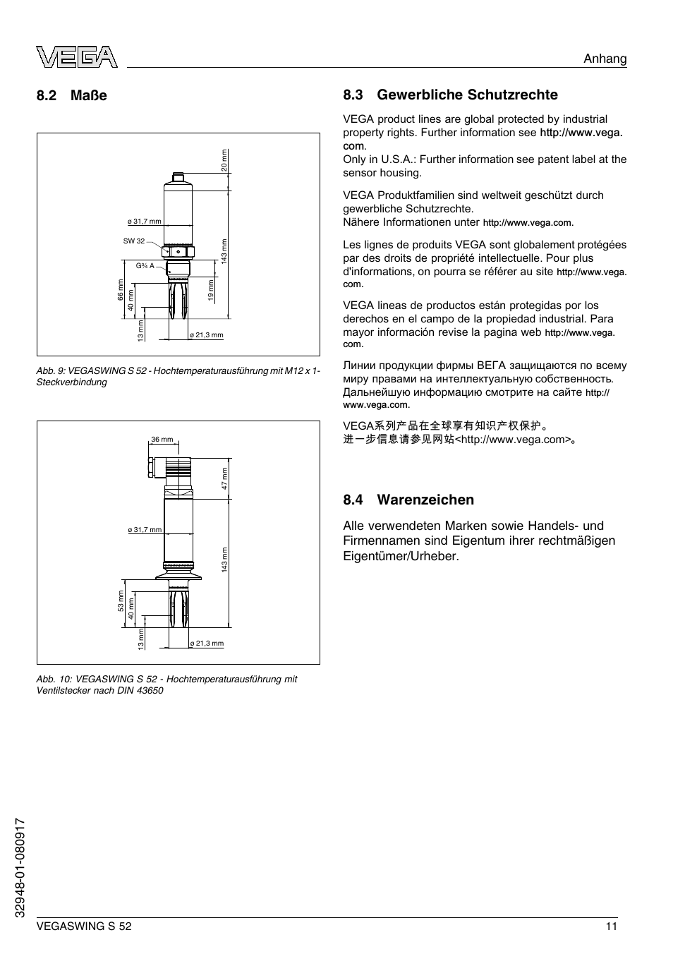 2 maße, 3 gewerbliche schutzrechte, 4 warenzeichen | VEGA VEGASWING S 52 User Manual | Page 11 / 44
