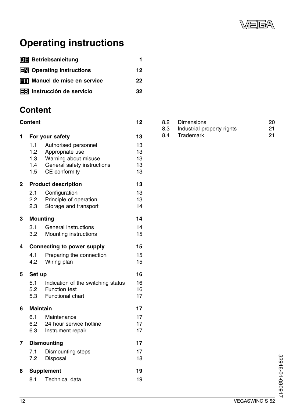 Content, Operating instructions | VEGA VEGASWING S 52 User Manual | Page 12 / 44