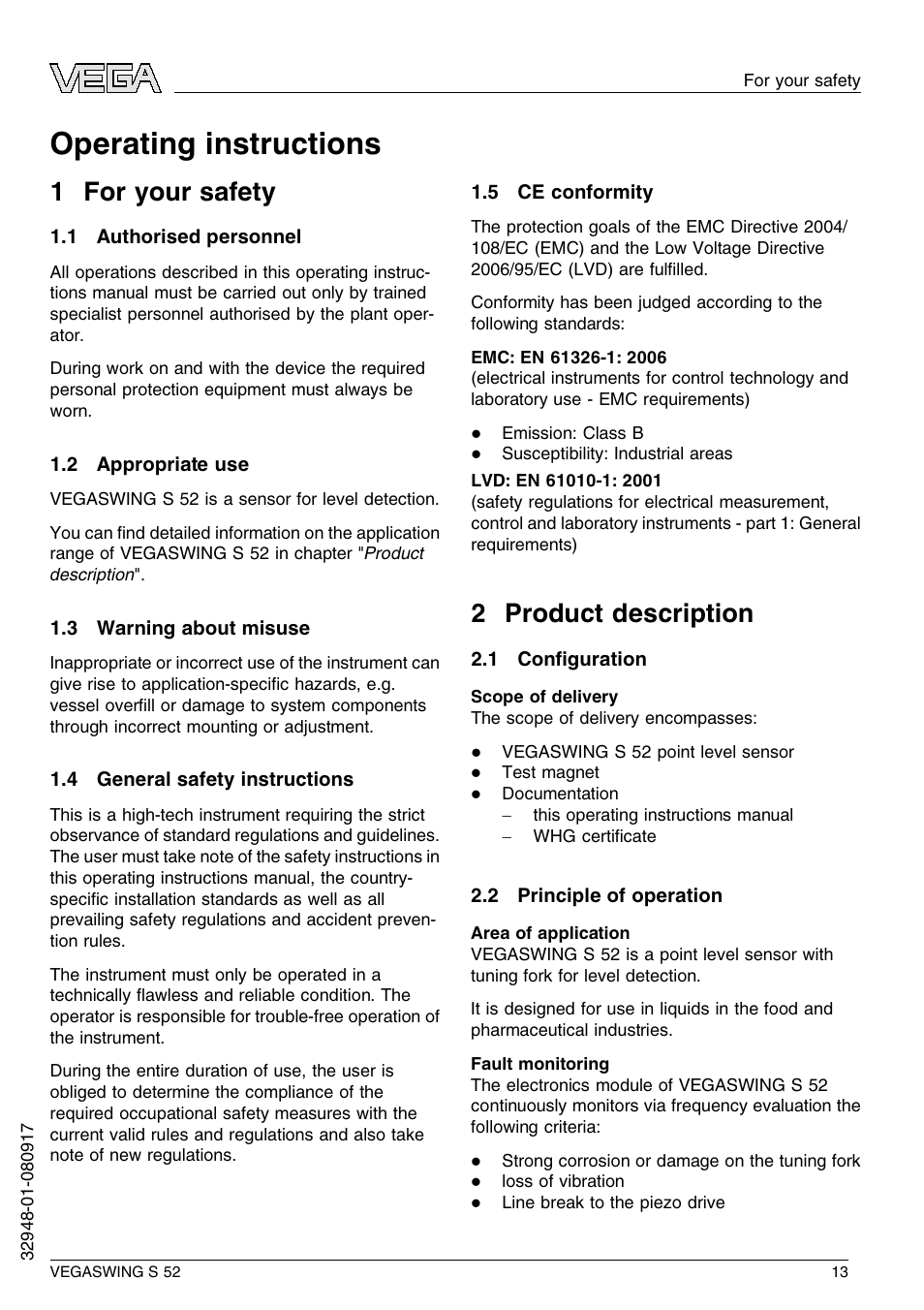 1 for your safety, 1 authorised personnel, 2 appropriate use | 3 warning about misuse, 4 general safety instructions, 5 ce conformity, 2 product description, 1 configuration, 2 principle of operation, Operating instructions | VEGA VEGASWING S 52 User Manual | Page 13 / 44