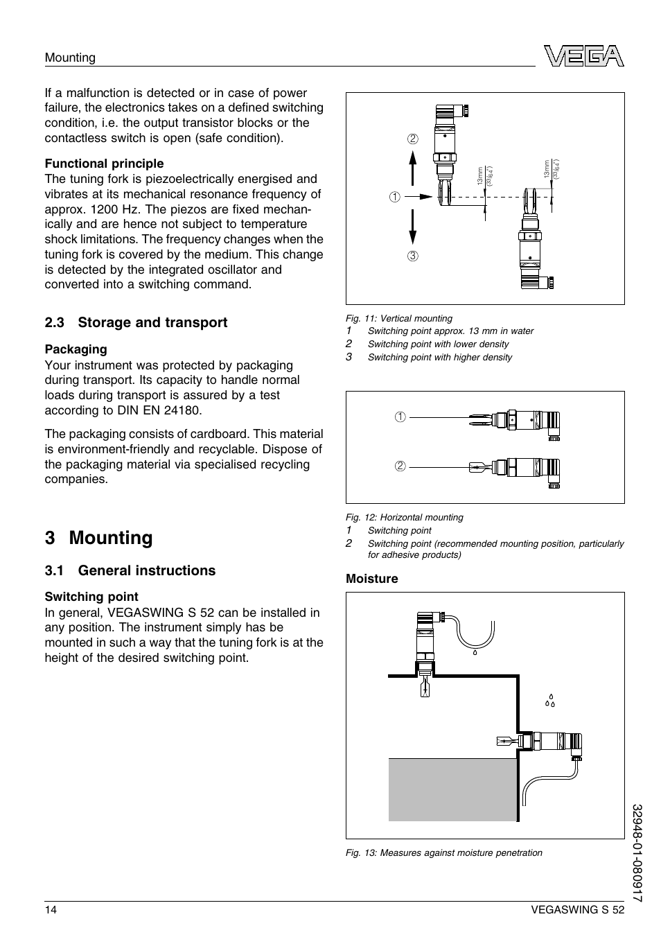 3 storage and transport, 3 mounting, 1 general instructions | 3 m ounting | VEGA VEGASWING S 52 User Manual | Page 14 / 44