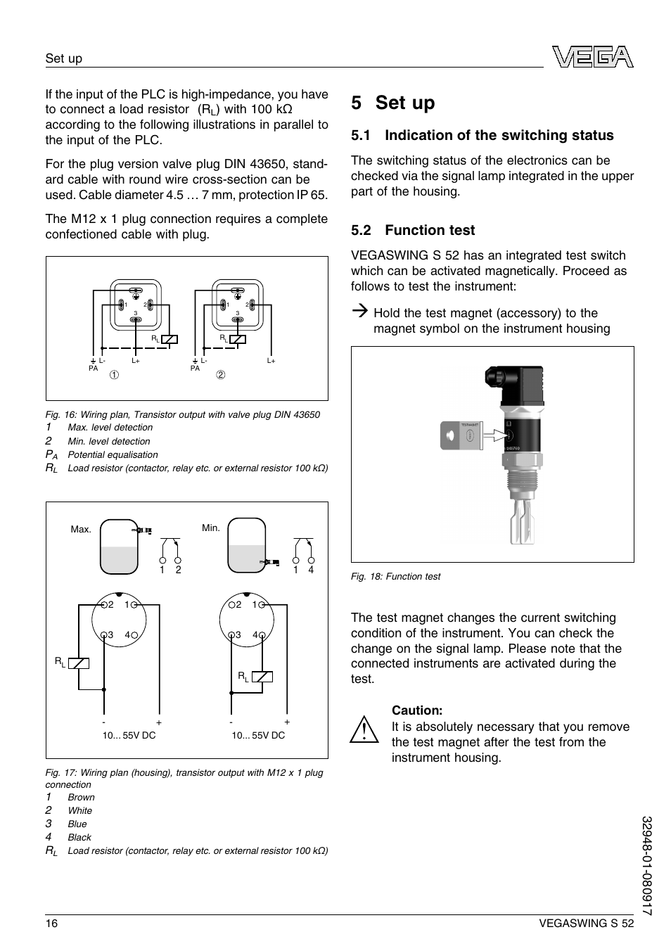 5 set up, 1 indication of the switching status, 2 function test | 5 s et up | VEGA VEGASWING S 52 User Manual | Page 16 / 44