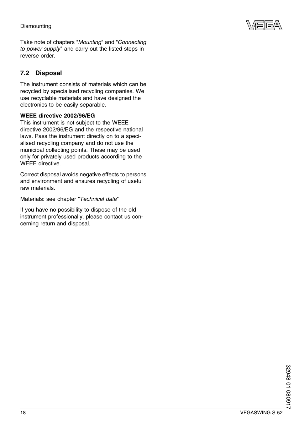 2 disposal | VEGA VEGASWING S 52 User Manual | Page 18 / 44