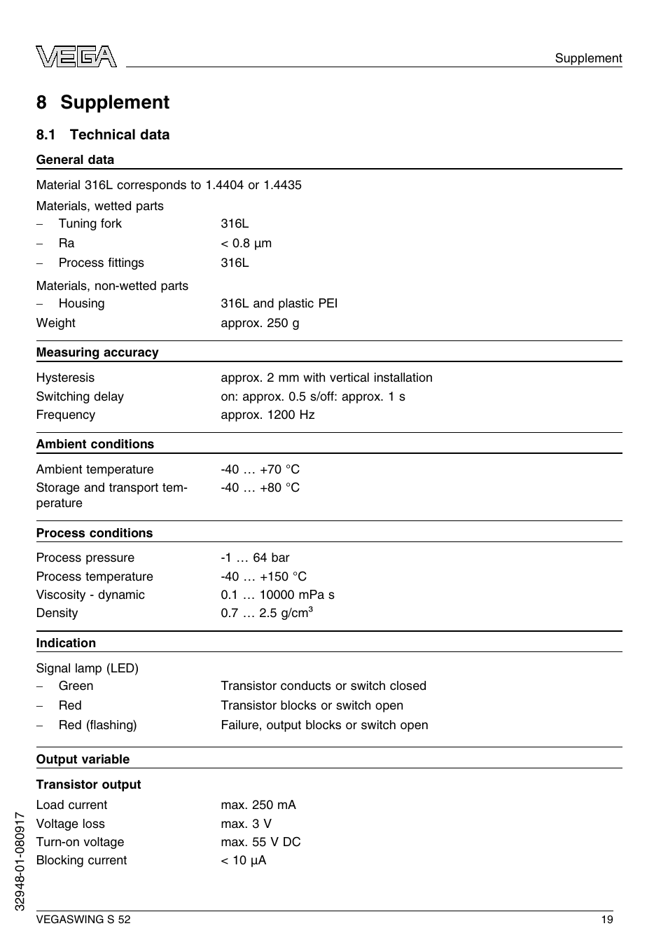 8 supplement, 1 technical data, 8 s upplement | VEGA VEGASWING S 52 User Manual | Page 19 / 44