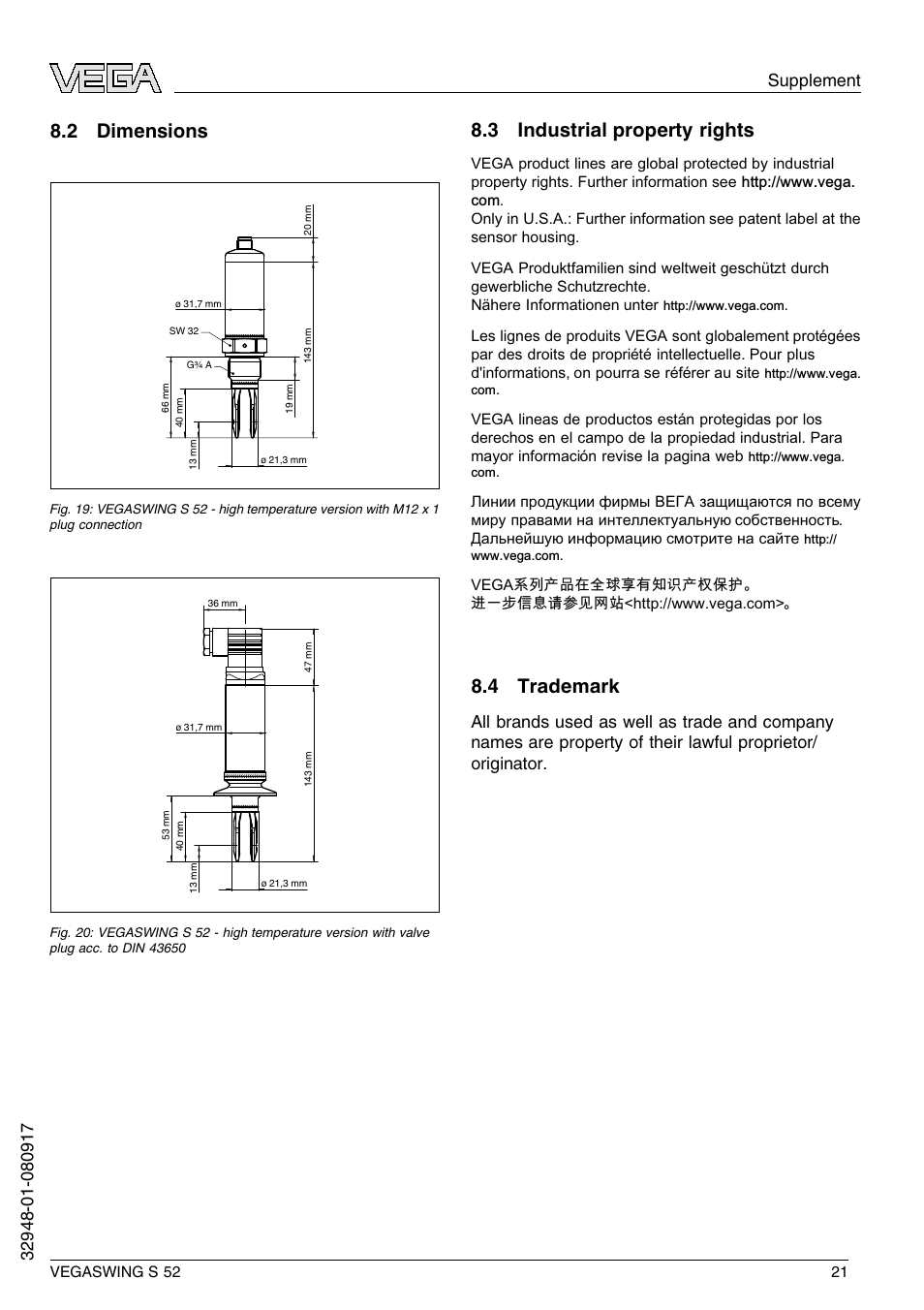 2 dimensions, 3 industrial property rights, 4 trademark | VEGA VEGASWING S 52 User Manual | Page 21 / 44