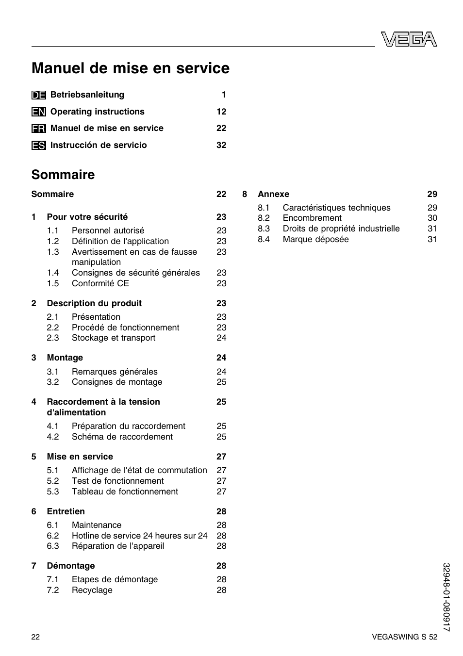 Sommaire, Manuel de mise en service | VEGA VEGASWING S 52 User Manual | Page 22 / 44