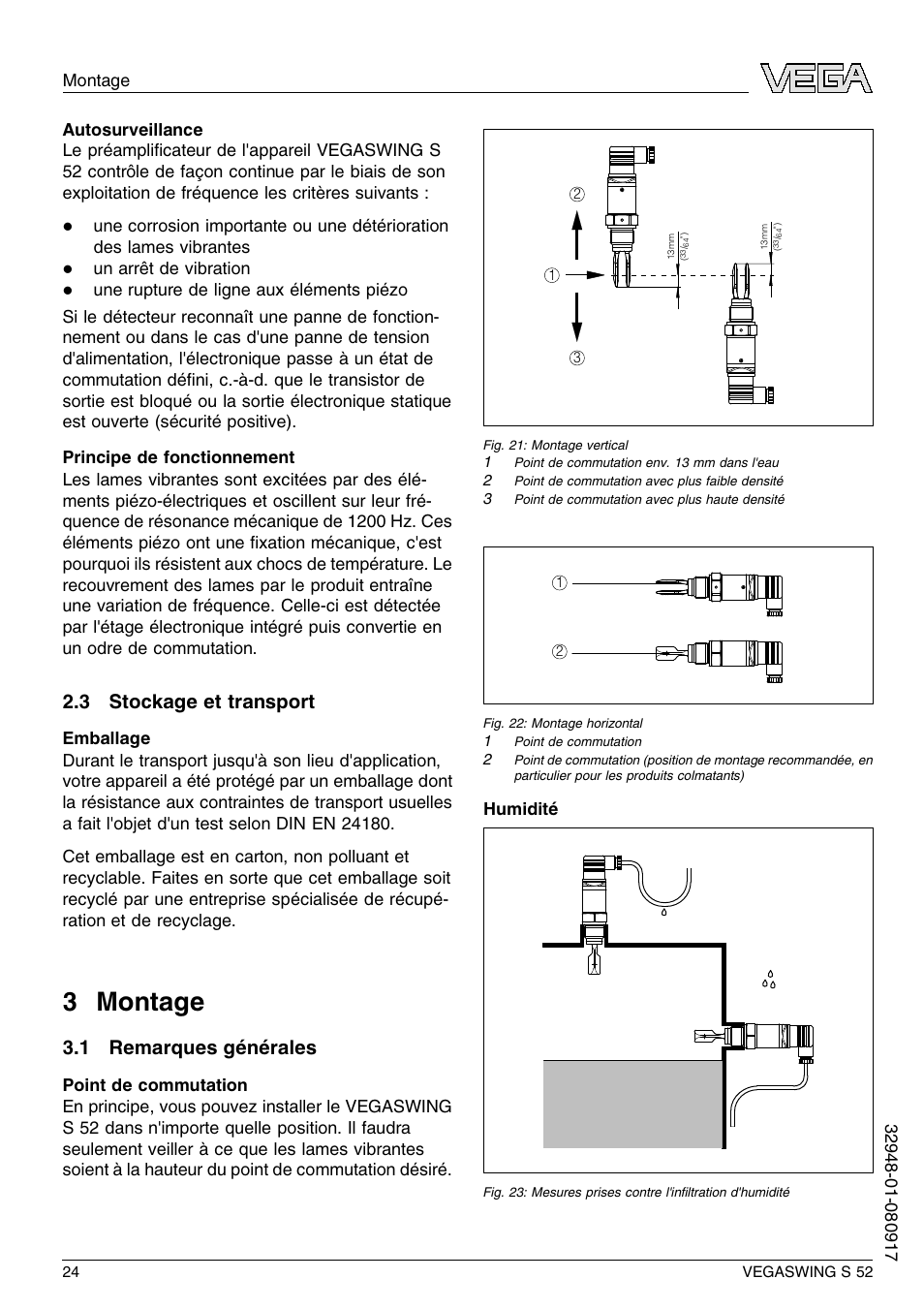 3 stockage et transport, 3 montage, 1 remarques générales | 3 m ontage | VEGA VEGASWING S 52 User Manual | Page 24 / 44