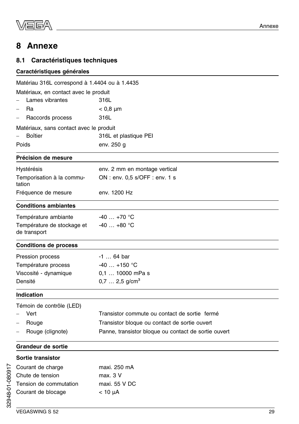 8 annexe, 1 caractéristiques techniques, 8 a nnexe | VEGA VEGASWING S 52 User Manual | Page 29 / 44