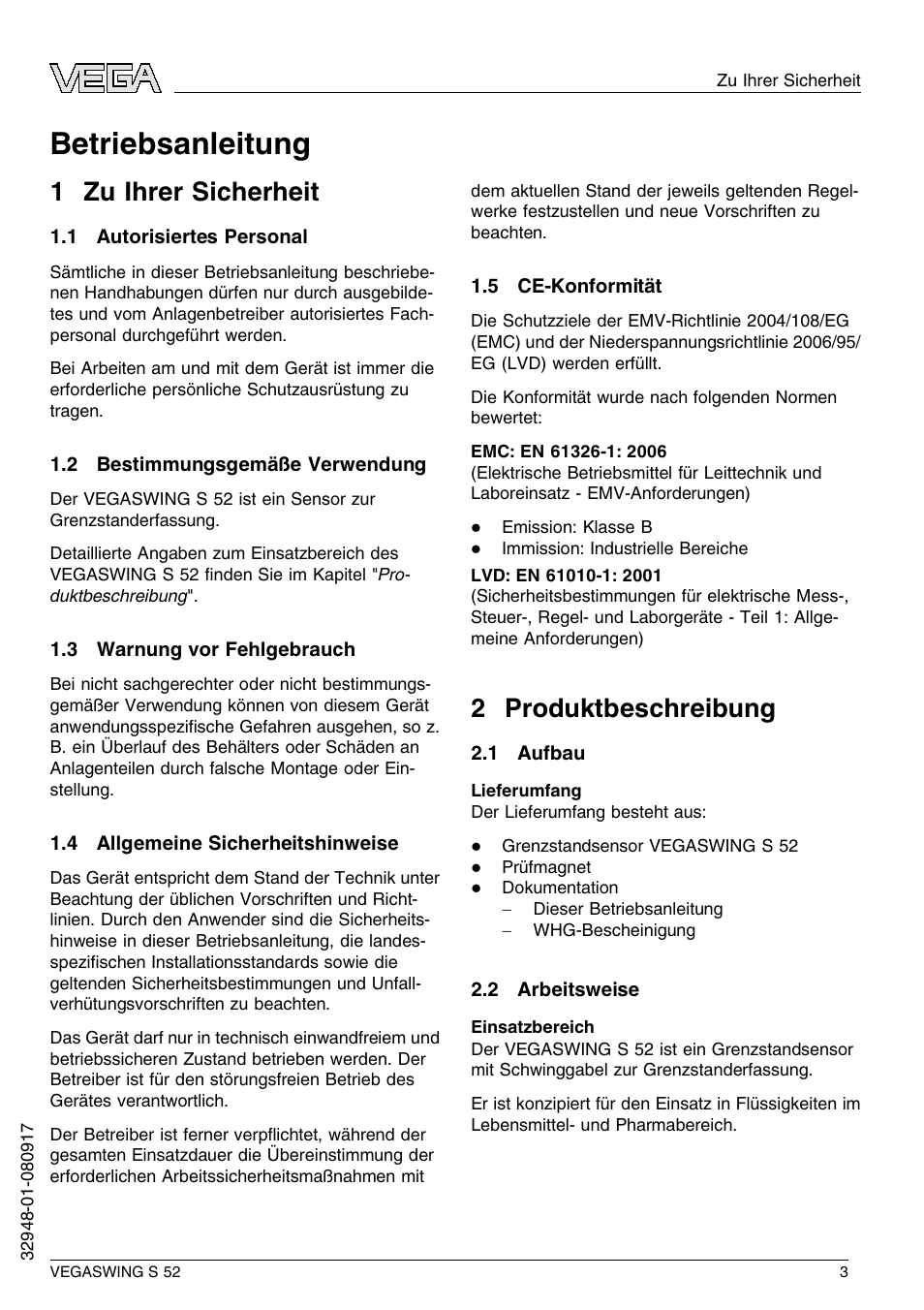 1 zu ihrer sicherheit, 1 autorisiertes personal, 2 bestimmungsgemäße verwendung | 3 warnung vor fehlgebrauch, 4 allgemeine sicherheitshinweise, 5 ce–konformität, 2 produktbeschreibung, 1 aufbau, 2 arbeitsweise, Betriebsanleitung | VEGA VEGASWING S 52 User Manual | Page 3 / 44