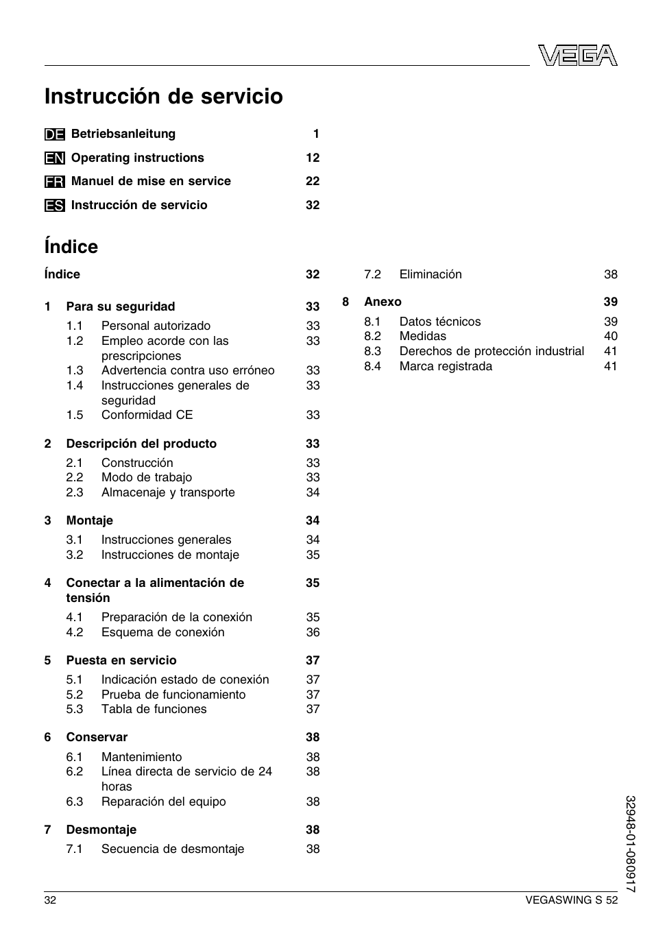 Índice, Instrucción de servicio | VEGA VEGASWING S 52 User Manual | Page 32 / 44